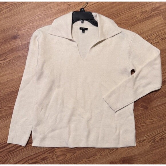 Talbots Sweater  Ivory Johnny Collar V-neck Classic Preppy Nautical S Wool Blend - Picture 3 of 10
